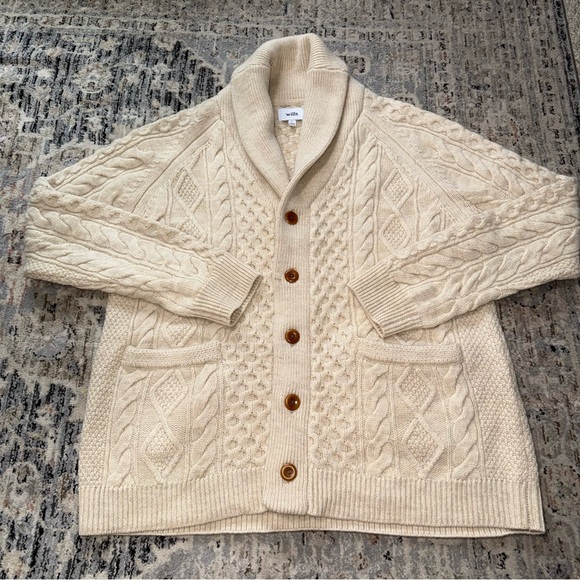 Wills Aran Cable knit Wool Cardigan sweater Large